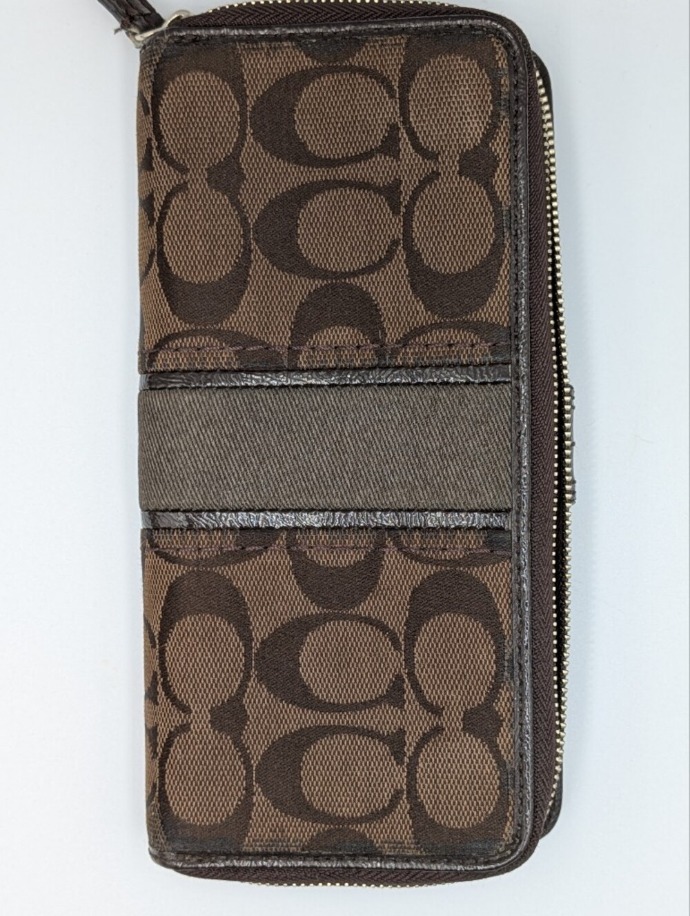Coach Signature C Jacquard Canvas Patent Leather Zip Around Folding Wallet Dark - Picture 3 of 16